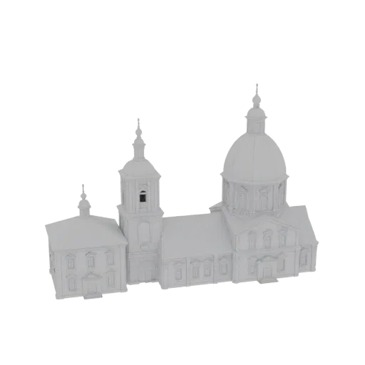 3D model of a white Baroque church with a large dome and a tall bell tower, set against a black background.