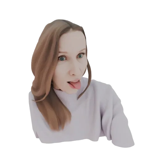 3D model of a woman with brown hair, blue eyes, sticking her tongue out playfully, wearing a light purple sweater.