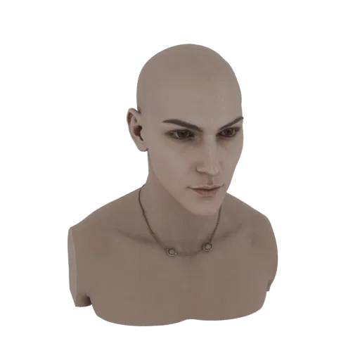 3D render of a bald man's bust with realistic facial features and a simple necklace, presented on a white background.