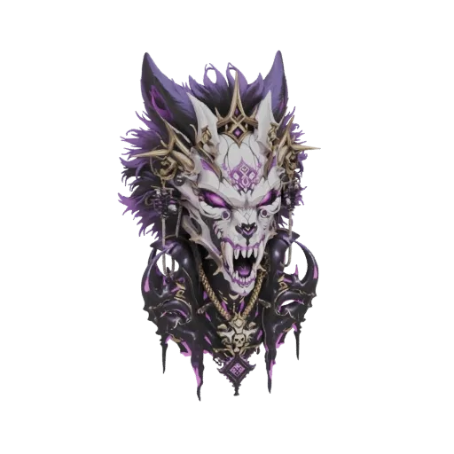 A 3D model of a menacing wolf skull mask with glowing purple eyes, ornate gold details, and flowing purple accents, set again