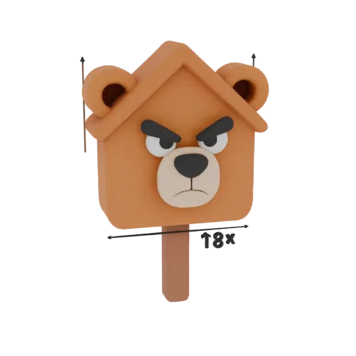 3D model of a house-shaped sign with an evil bear face, in a cartoon style.