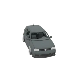Modelo 3D de um Volkswagen Golf MK4 hatchback cinza escuro com rodas personalizadas e suspensão rebaixada, visto de um ângulo