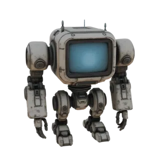 Una renderización 3D de un robot retro con una pantalla de TV vintage por cabeza, de pie sobre un fondo liso.