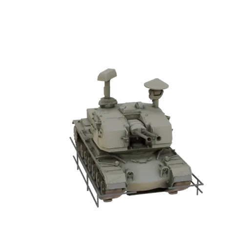 3D model of a tan M109 Paladin self-propelled howitzer with dual cannons, viewed from a slightly elevated front-right angle.