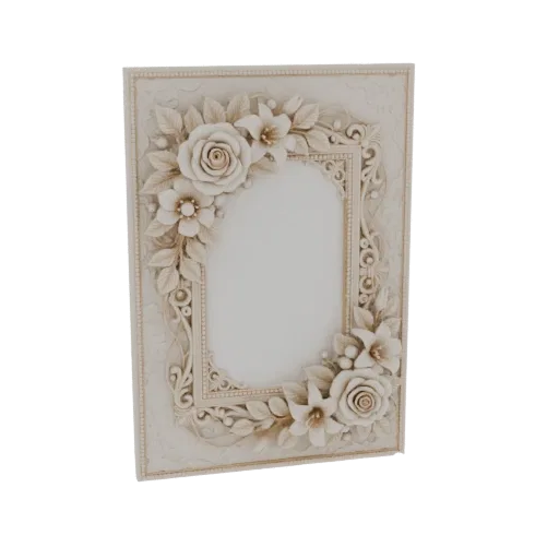3D model of an ornate oval picture frame with detailed floral carvings in a cream-colored finish.