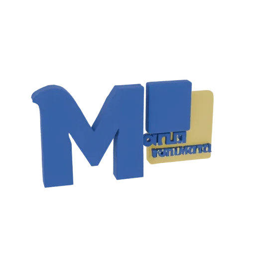 A 3D render of a logo featuring a large blue 'M', two smaller blue squares, and a yellow rectangular accent.