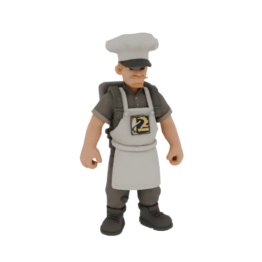 Team Fortress 2 style chef 3D model, standing full height, wearing uniform and apron.