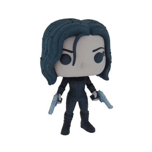 Modelo 3D de Selene, a caça-vampiros, em traje escuro segurando duas pistolas azul-claras, com cabelo azul-escuro e expressão