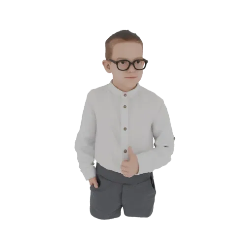 3D model of a young boy with short brown hair, wearing black glasses and a white collared shirt, giving a thumbs-up.