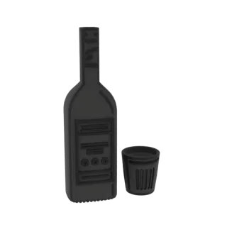 3D model of a matte black bottle with embossed label details next to a ribbed shot glass.
