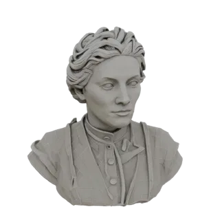 Modelo 3D do busto de Marie Sklodowska-Curie em estilo acadêmico, com gola alta e cabelo preso.