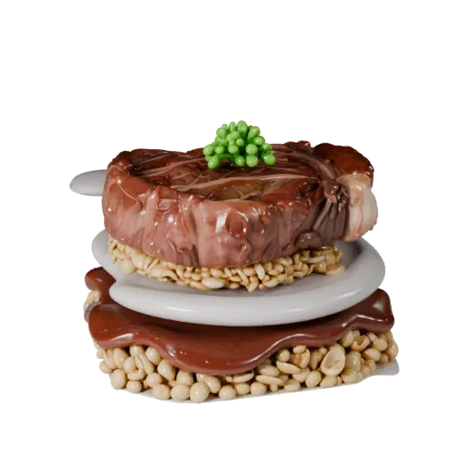 Steak Realistic 3D model, three-quarter studio render, showing sauces, plated composition.
