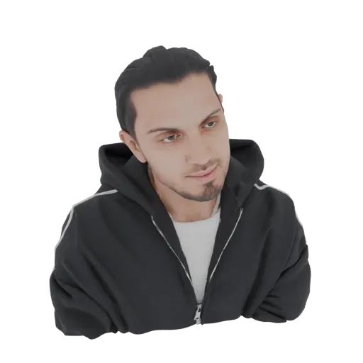 Modelo 3D de homem com cabelo escuro vestindo moletom preto, braços cruzados, olhando de lado.