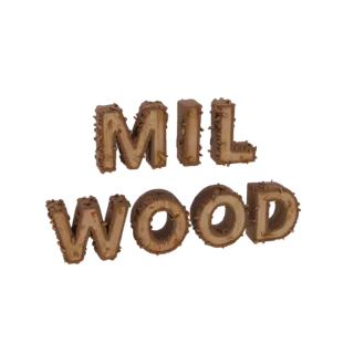 Modèle 3D texte volumétrique MILWOOD, en bois avec texture écorce et sciure, disposé sur deux lignes