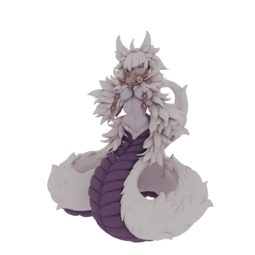 3D model of a Serpentine Nymph with a purple snake body and white, feather-like adornments, wearing a golden chest piece.