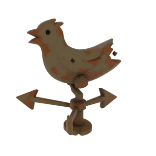 3D model of a rusty bird-shaped weather vane with directional arrows, showing signs of age and weathering.