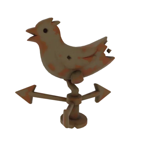 Modelo 3D de una veleta de pájaro oxidada con flechas direccionales, mostrando signos de antigüedad y desgaste.