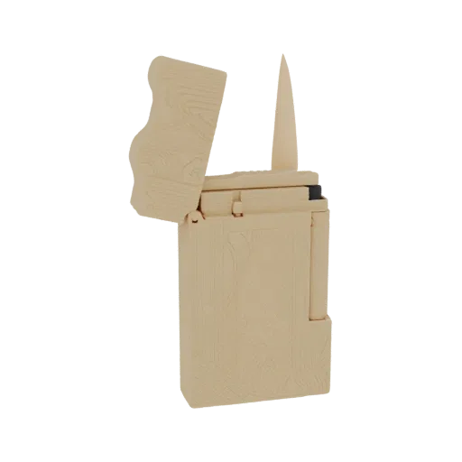 Modèle 3D d'un briquet beige avec couvercle ouvert, présentant une texture détaillée à grain de bois et un couteau intégré.