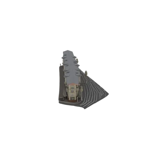 Top-down view of a 3D model of a modern aircraft carrier with a grey hull and an angled flight deck, set against a black back