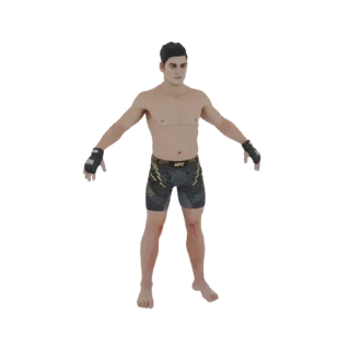 مجسم ثلاثي الأبعاد لمقاتل MMA ذكر بوضعية T، يرتدي شورت UFC أسود وذهبي وقفازات MMA، أمام خلفية بيضاء.