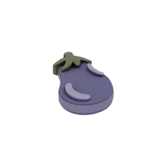 Modelo 3D de personagem fofo de berinjela roxa com chapéu verde de folhas e rosto amigável, em fundo preto.