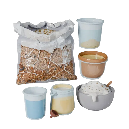 Pantry Rice Sack Stylized 3D model, stylized isometric render, showing powders, small ingredient shapes.