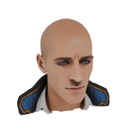 3D-Modell-Rendering einer Büste eines glatzköpfigen Mannes mit weißem Hemd und blauer Jacke mit goldenen Verzierungen, der le