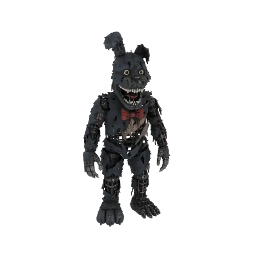 A full-body 3D render of a tattered, dark-colored animatronic rabbit with glowing eyes and a wide, toothy grin, standing agai