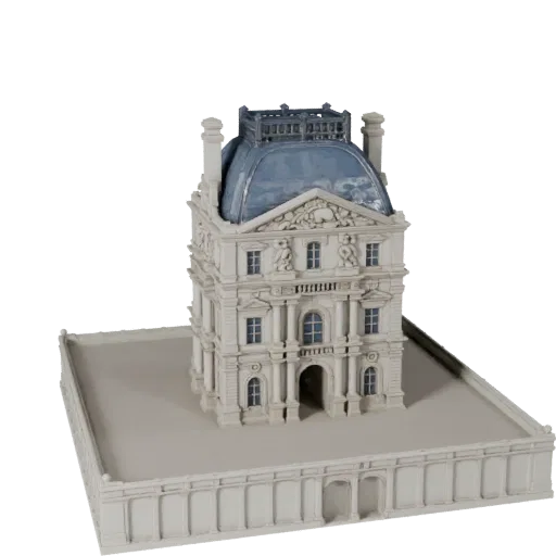 Modelo 3D STL imprimível da Pirâmide do Louvre, vista isométrica, mostrando materiais da estrutura do marco histórico e detal