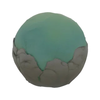 Una renderización 3D de un orbe místico con superficie verde translúcida, sobre una base de piedra gris agrietada, aislado so