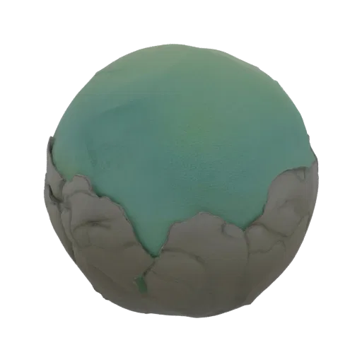 Ein 3D-Render eines mystischen Orbs mit durchscheinend grüner Oberfläche, ruhend auf einer rissigen, grauen Steinbasis, isoli