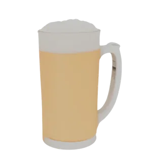 A 3D render of a clear glass beer mug filled with golden beer and topped with a thick white foam head, set against a white ba