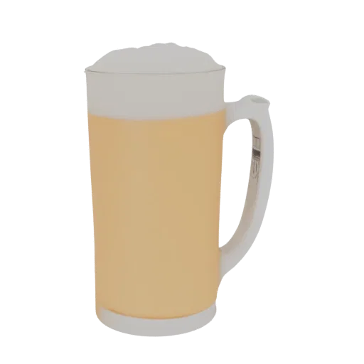 A 3D render of a clear glass beer mug filled with golden beer and topped with a thick white foam head, set against a white ba