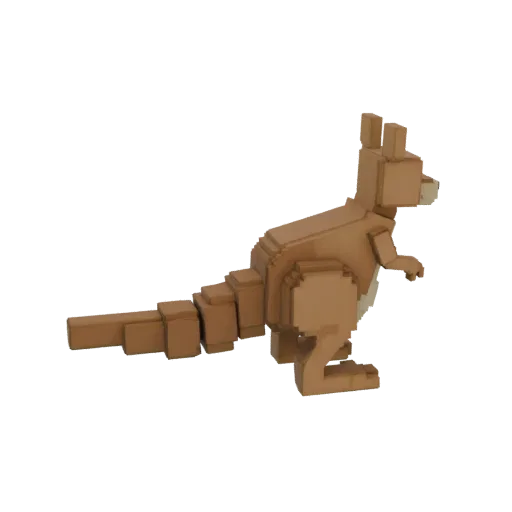 A 3D model of a kangaroo in a voxel art style, with visible blocky cubes forming its body, tail, and limbs, against a white b