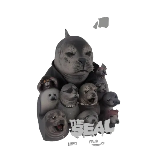 Modèle 3D d'une famille de phoques avec un grand phoque central portant une veste, entouré de phoques plus petits et du texte