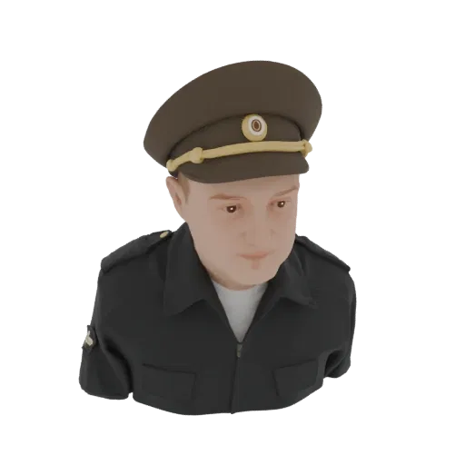 3D model render of a military officer bust wearing a brown cap and dark uniform, against a white background.