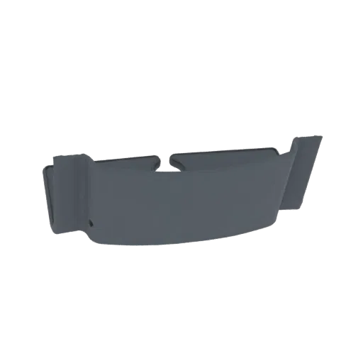 Renderização 3D de um clipe curvo cinza escuro com aba, apresentado em fundo branco.