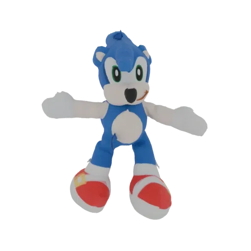 3D model of a Sonic the Hedgehog plush toy with blue fur, red shoes, and outstretched arms.