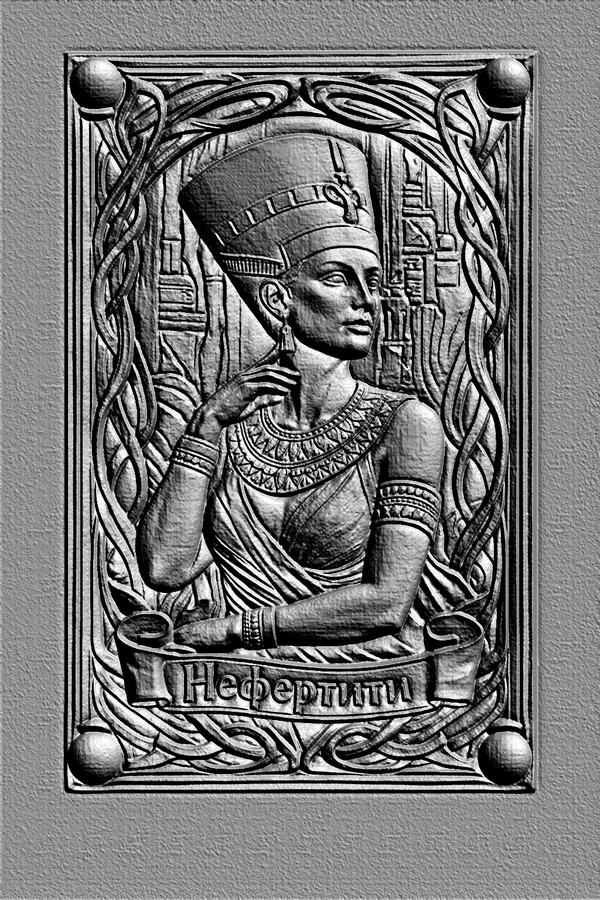 3D model of Nefertiti bas-relief in Art Nouveau style, featuring the queen in profile surrounded by ornamentation.
