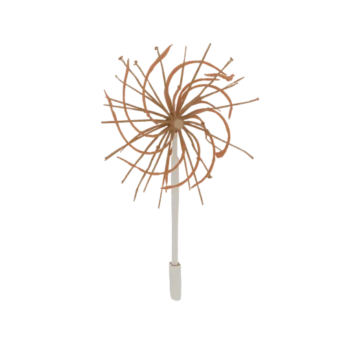 A detailed 3D model of a dandelion seed head with its feathery pappus and stem, presented against a black background.