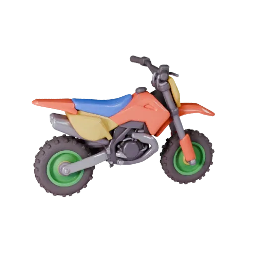 Cartoon Dirt Bike 3D-Modell, Dreiviertel-Studioansicht, stilisiertes Fahrzeug-Asset mit ausgewogenem Rahmen, angepasster Radg