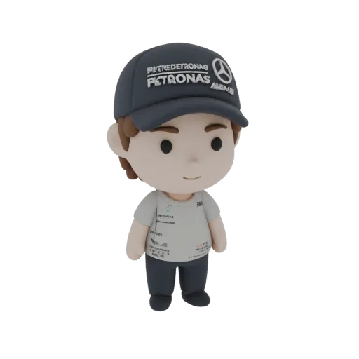 Modello 3D di un fan di Formula 1 chibi con cappellino e maglietta Petronas, con espressione amichevole.