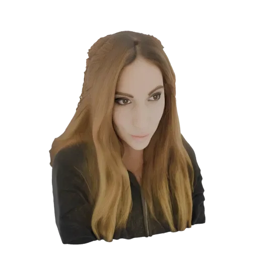 3D model render of a woman with long, wavy brown hair and a black jacket, looking slightly to the side.