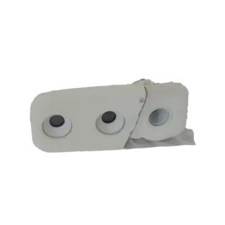 3D model of a white toilet paper holder with two large, circular openings resembling eyes, set against a white background.