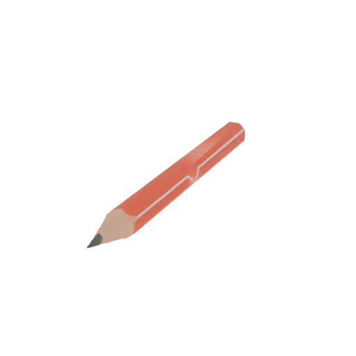 3D model of a bright orange pencil with two white stripes running along its body, with a sharpened graphite tip.