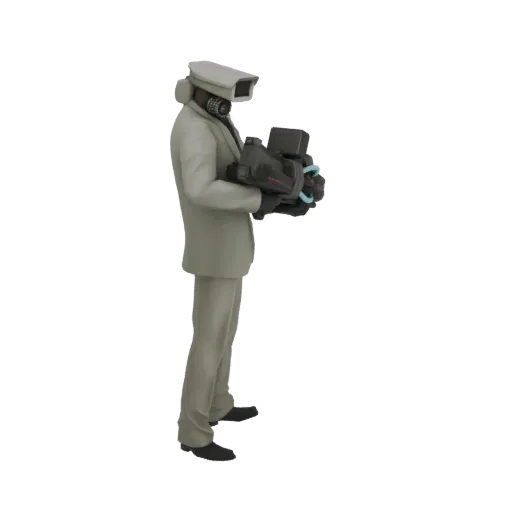 Modèle 3D d'un agent de surveillance avec une tête caméra de sécurité, portant un costume et tenant une caméra vidéo.