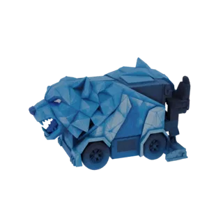 Render 3D de um veículo lobo de gelo geométrico com design facetado azul e branco, apresentando cabeça de lobo na frente e ro