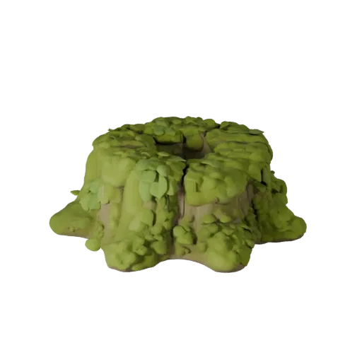 Mossy Stump Set Stylized 3D model, stylized isometric environment render, showing leaf clusters, terrain detail.