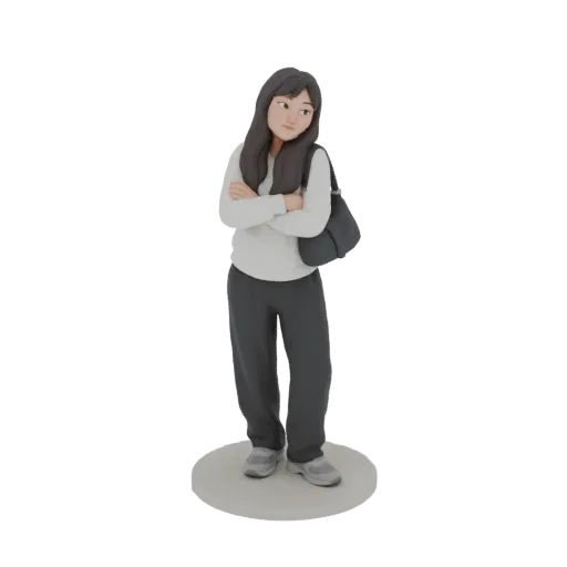 3D model of a young woman with long dark hair, wearing a white shirt, gray pants, and a backpack, standing with arms crossed.