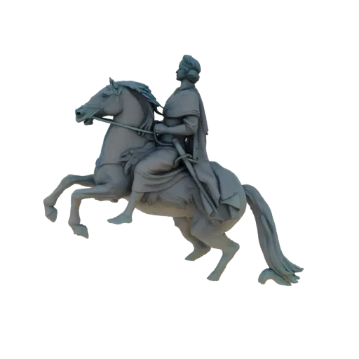 3D model of a classical equestrian statue featuring a woman in flowing robes on a rearing horse, against a black background.